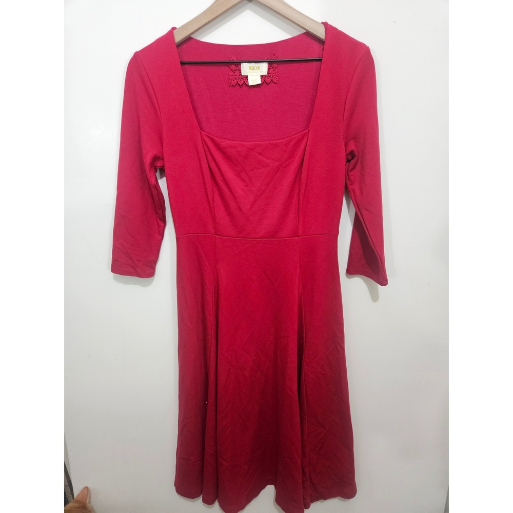 Anthropologie Maeve Jocelyn Midi Dress S Red Square Neck Fit Flare 3/4 Sleeve